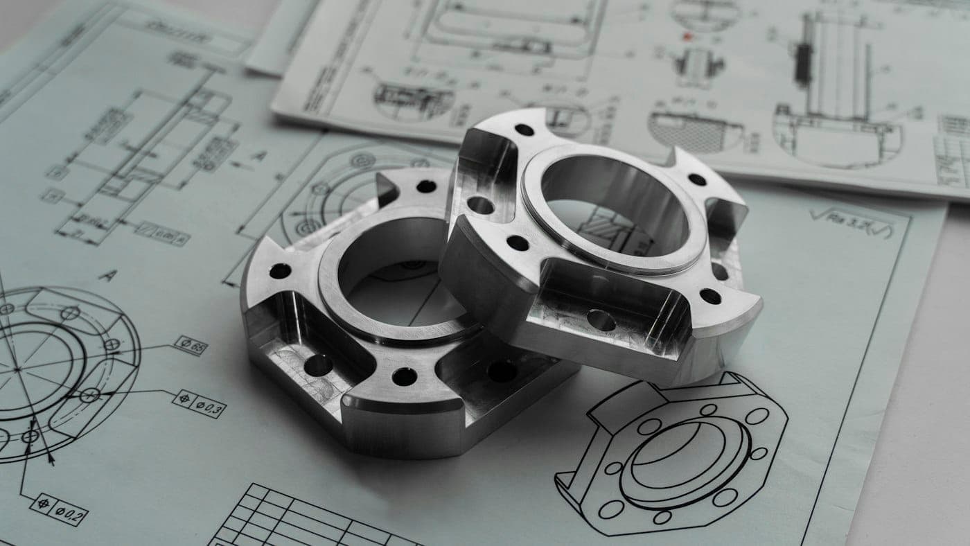 Two machined metal parts resting on technical engineering drawings