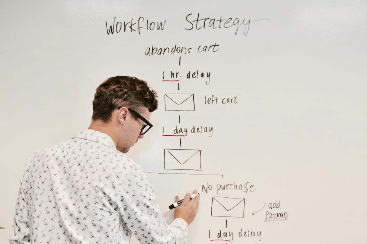 A man sketching a workflow on a whiteboard
