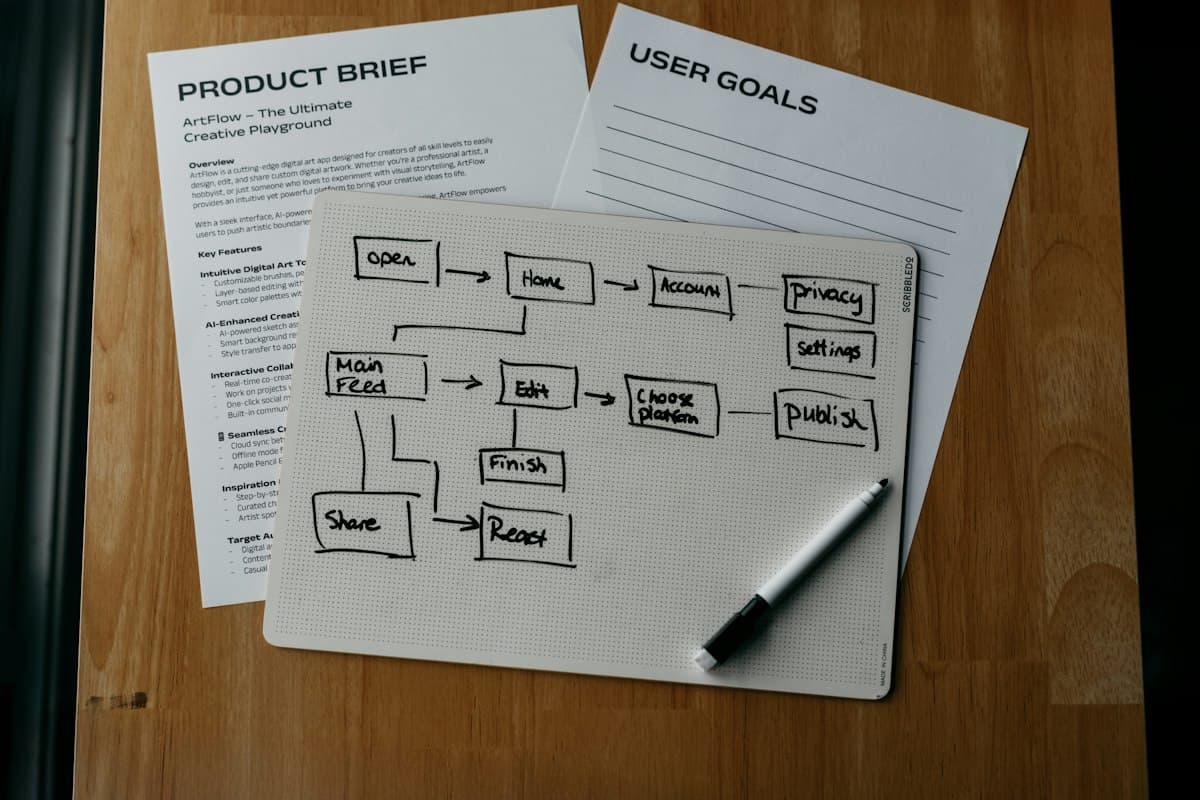 Hand-drawn flow diagrams on paper beside a pen