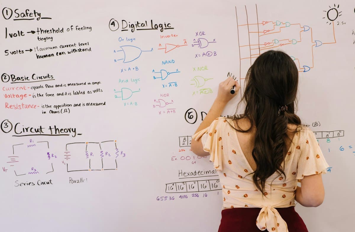 A woman writing notes on a whiteboard