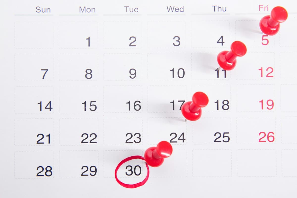 A wall calendar with dates marked by red pins
