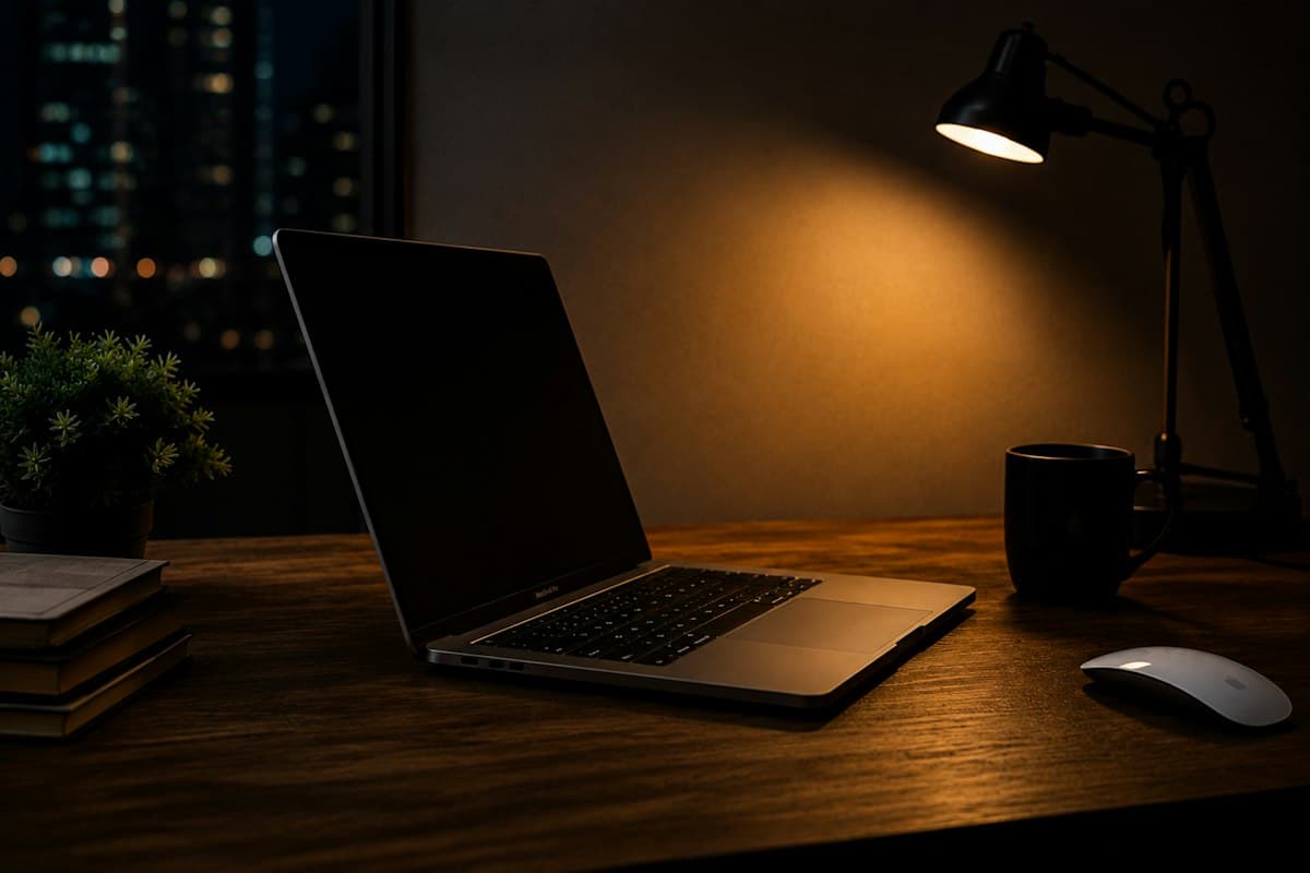 A laptop and desk lamp at night with city lights behind
