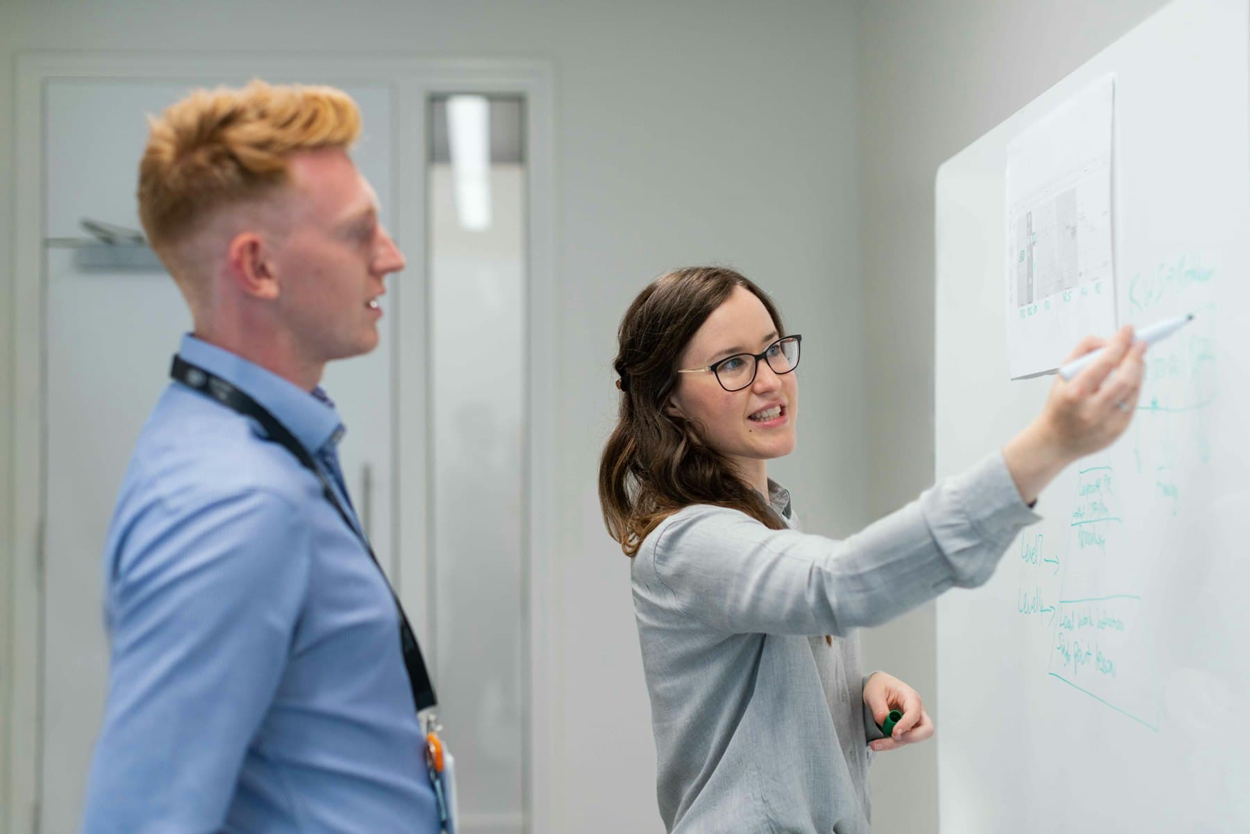 Two colleagues planning at a whiteboard